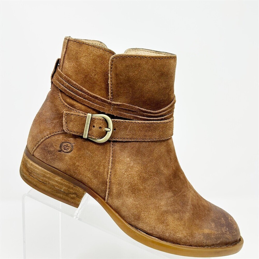 Børn Womens Brown Ankle Booties Wrap Strap Buckle Side Zip Low Heel Size 8.5